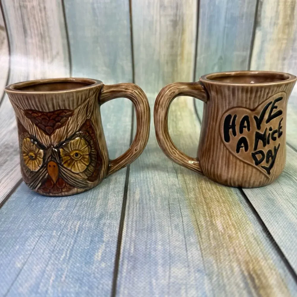 Owl Coffee Mug Set Of Two Vintage 70s Retro Brown Have A Nice Day Tea Hippie
